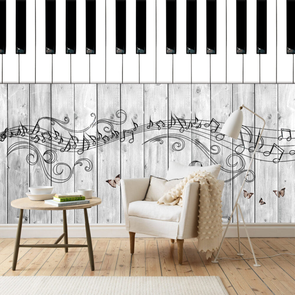 Piano Key Wallpaper : Music Notes On Grey Wood Mural - View 6