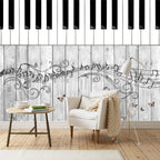 Piano Key Wallpaper : Music Notes On Grey Wood Mural - View 6