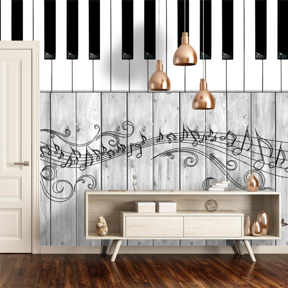 Piano Key Wallpaper : Music Notes On Grey Wood Mural - View 5