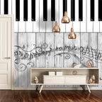 Piano Key Wallpaper : Music Notes On Grey Wood Mural - View 5