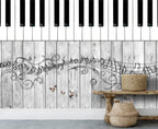 Piano Key Wallpaper : Music Notes On Grey Wood Mural - View 4