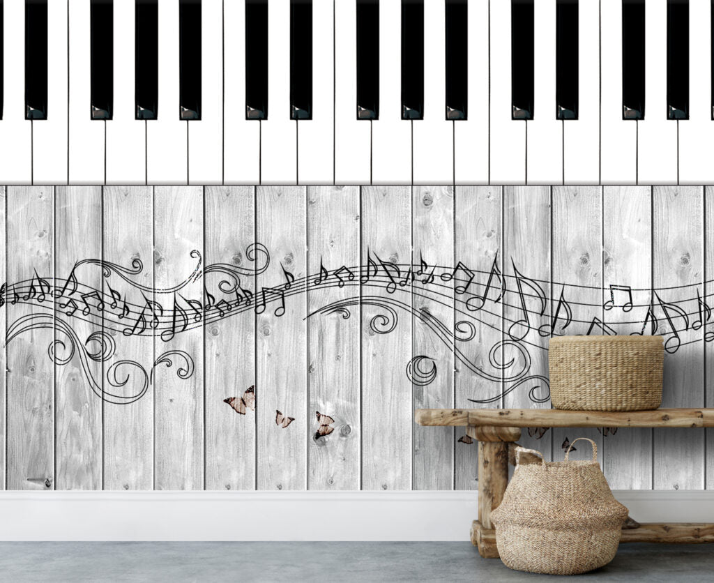 Piano Key Wallpaper : Music Notes On Grey Wood Mural - View 4