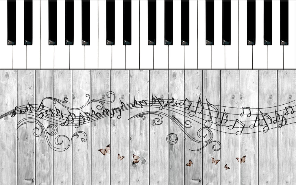 Piano Key Wallpaper : Music Notes On Grey Wood Mural - View 2