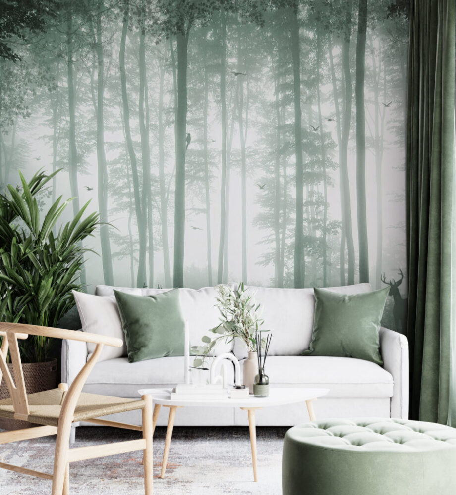 Misty Green Forest Wallpaper : Tall Trees In Fog Mural