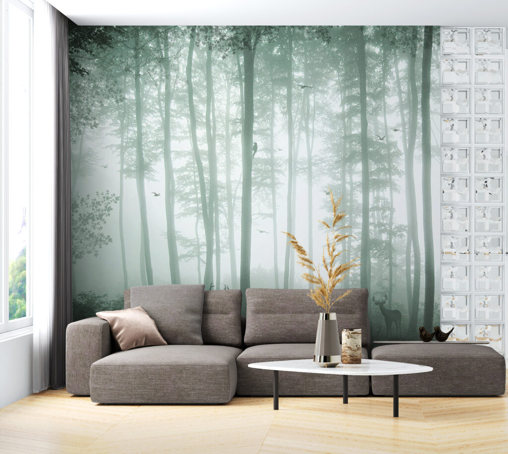 Misty Green Forest Wallpaper : Tall Trees In Fog Mural - View 4