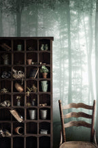 Misty Green Forest Wallpaper : Tall Trees In Fog Mural - View 5