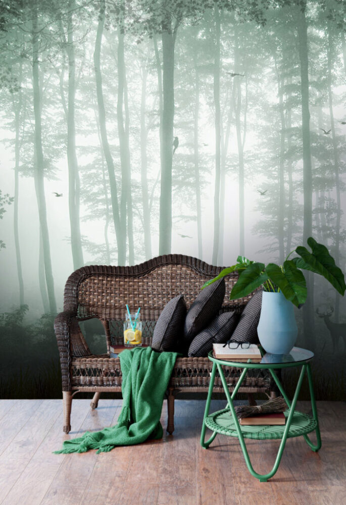 Misty Green Forest Wallpaper : Tall Trees In Fog Mural - View 6