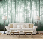 Misty Green Forest Wallpaper : Tall Trees In Fog Mural - View 3
