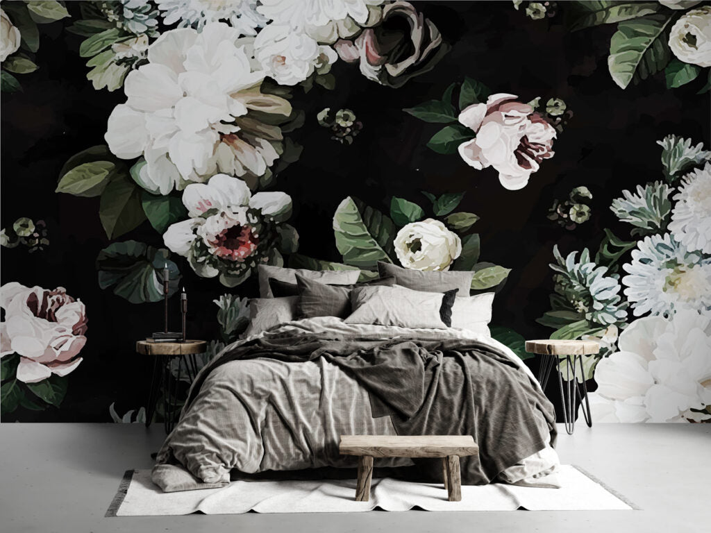 Dark Floral Wallpaper : White Roses On Black Mural