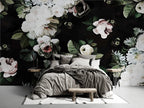 Dark Floral Wallpaper : White Roses On Black Mural