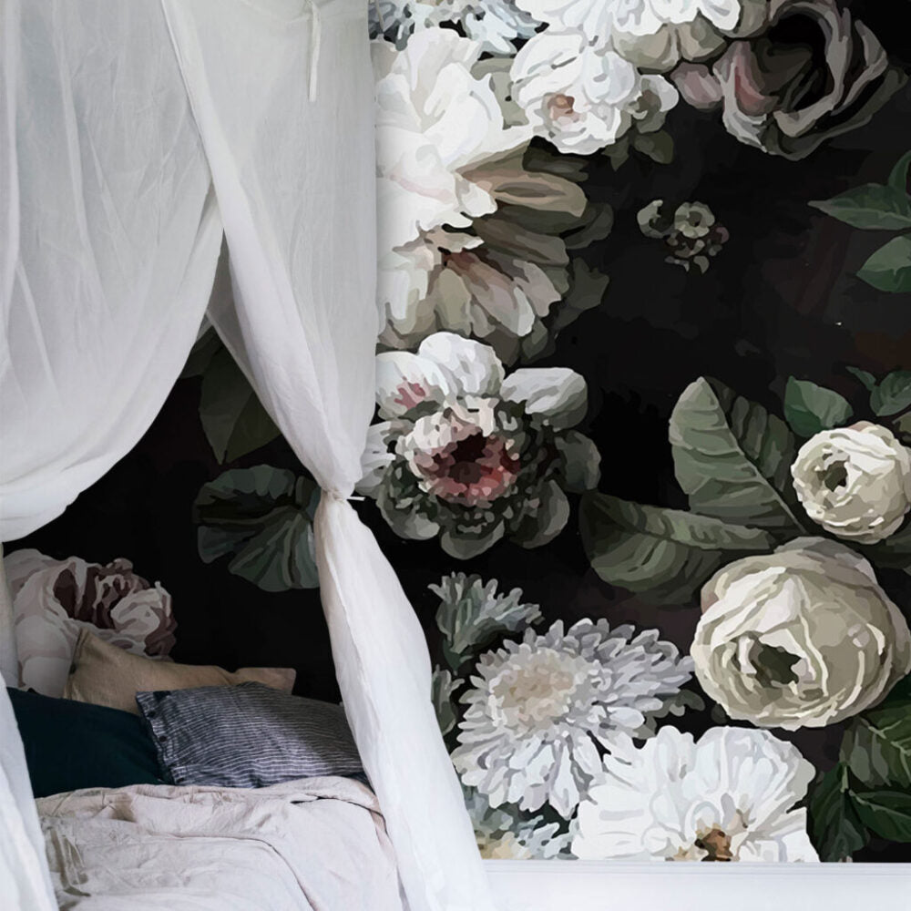 Dark Floral Wallpaper : White Roses On Black Mural - View 5