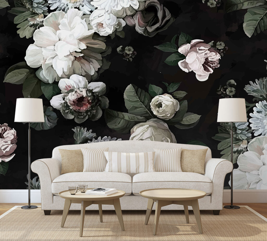 Dark Floral Wallpaper : White Roses On Black Mural - View 3