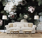Dark Floral Wallpaper : White Roses On Black Mural - View 3