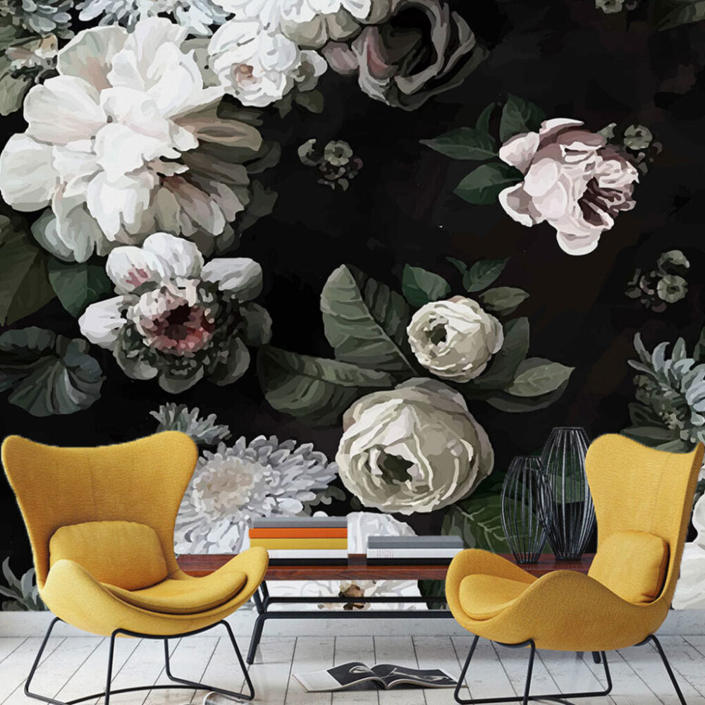 Dark Floral Wallpaper : White Roses On Black Mural - View 4