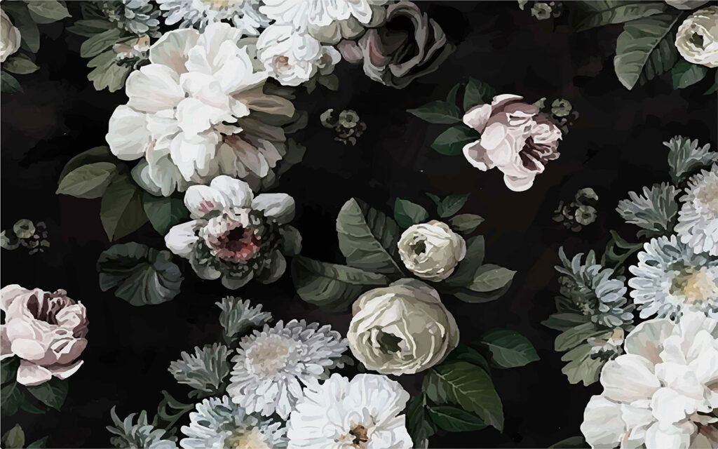 Dark Floral Wallpaper : White Roses On Black Mural - View 2