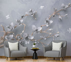 3D Magnolia Branch Wallpaper : White Blossoms on Grey Mural - View 2