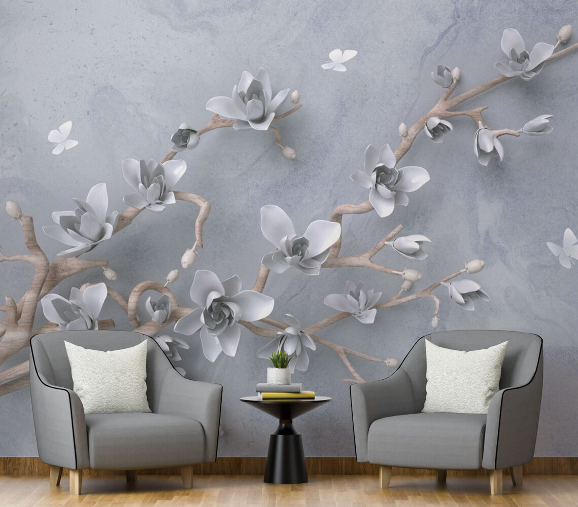3D Magnolia Branch Wallpaper : White Blossoms on Grey Mural - View 2