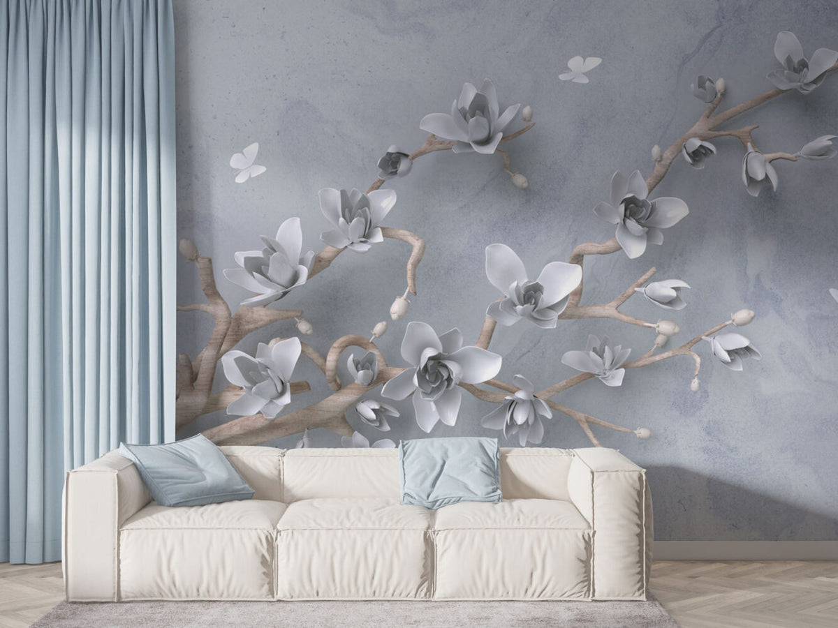 3D Magnolia Branch Wallpaper : White Blossoms on Grey Mural