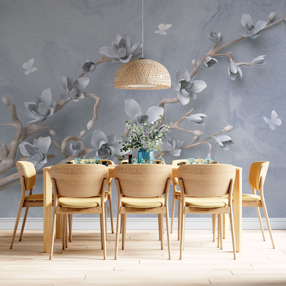 3D Magnolia Branch Wallpaper : White Blossoms on Grey Mural - View 3