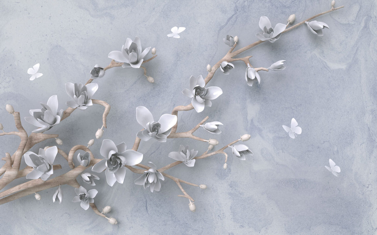 3D Magnolia Branch Wallpaper : White Blossoms on Grey Mural - flat design