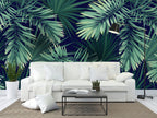Palm Leaf Wallpaper : Green Fronds On Navy Mural