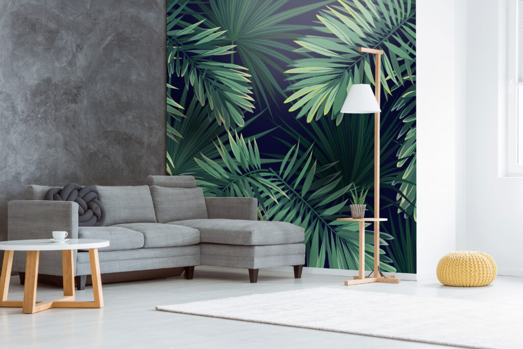 Palm Leaf Wallpaper : Green Fronds On Navy Mural - View 6