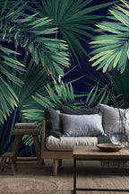 Palm Leaf Wallpaper : Green Fronds On Navy Mural - View 5