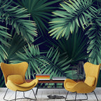 Palm Leaf Wallpaper : Green Fronds On Navy Mural - View 3