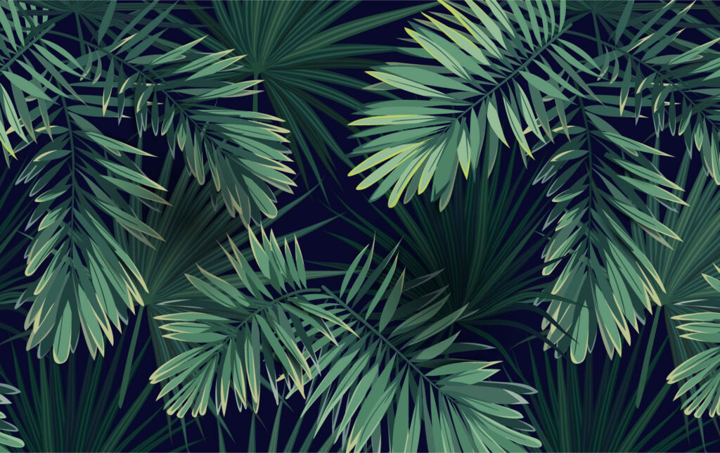 Palm Leaf Wallpaper : Green Fronds On Navy Mural - View 2