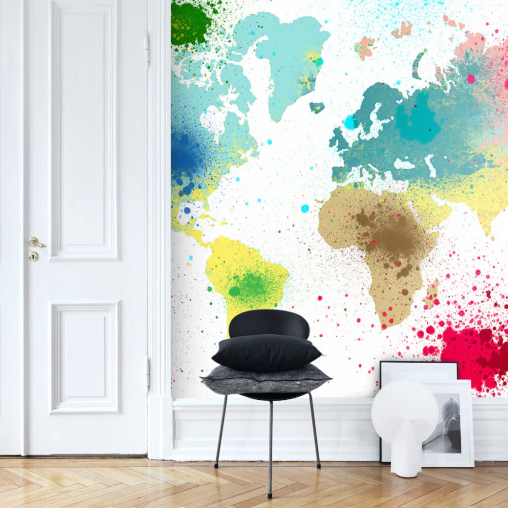 Watercolor World Map Wallpaper : Paint Splash Continents Mural - View 6