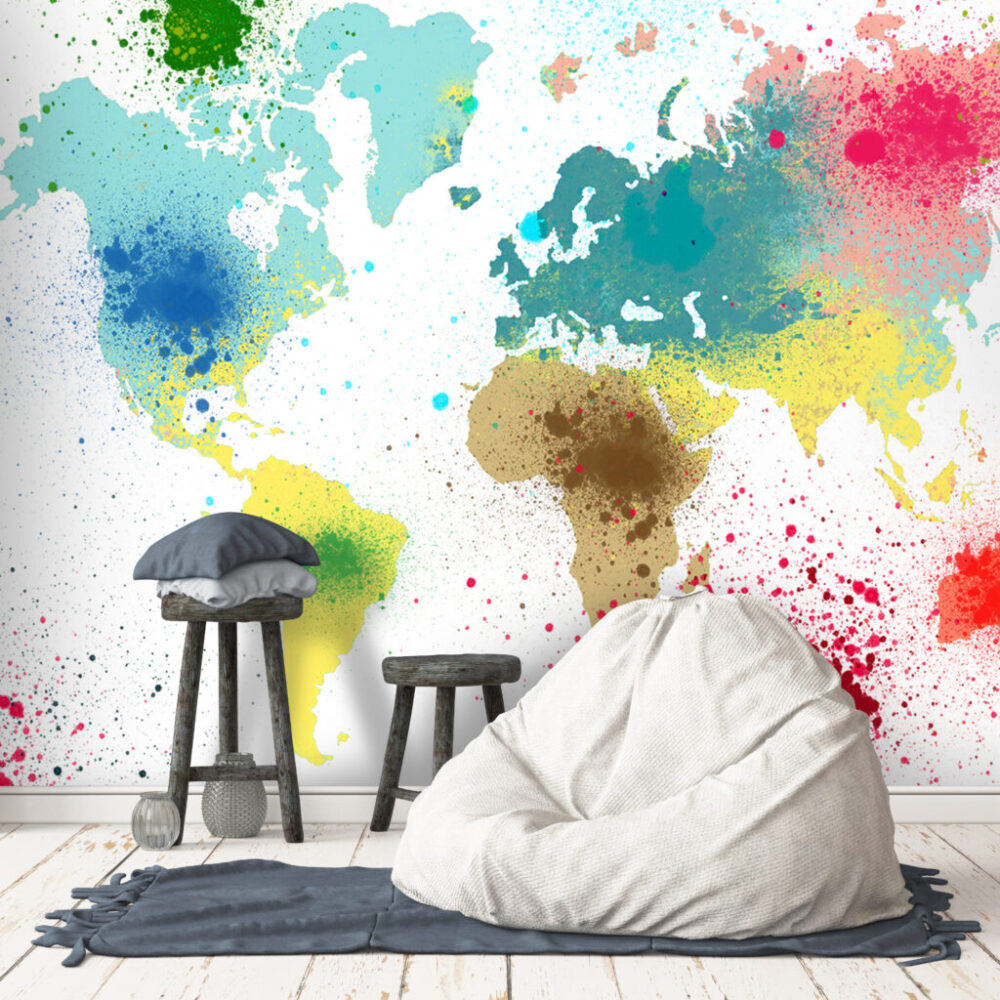 Watercolor World Map Wallpaper : Paint Splash Continents Mural - View 5