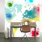 Watercolor World Map Wallpaper : Paint Splash Continents Mural - View 3