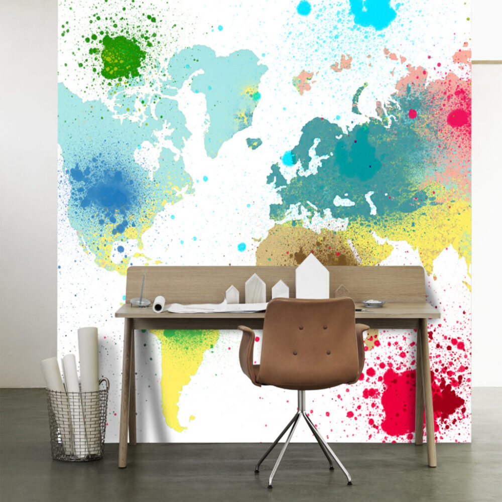Watercolor World Map Wallpaper : Paint Splash Continents Mural - View 3