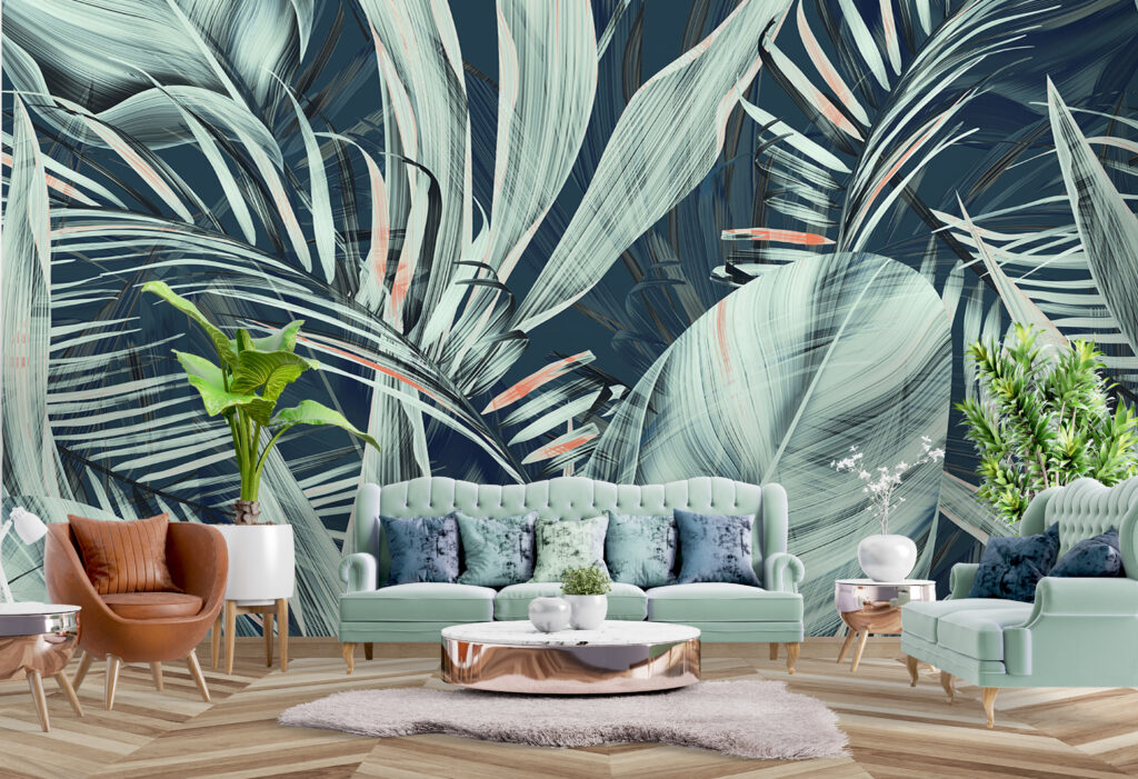 Teal Banana Leaf Wallpaper : Coral Accent Tropical Mural