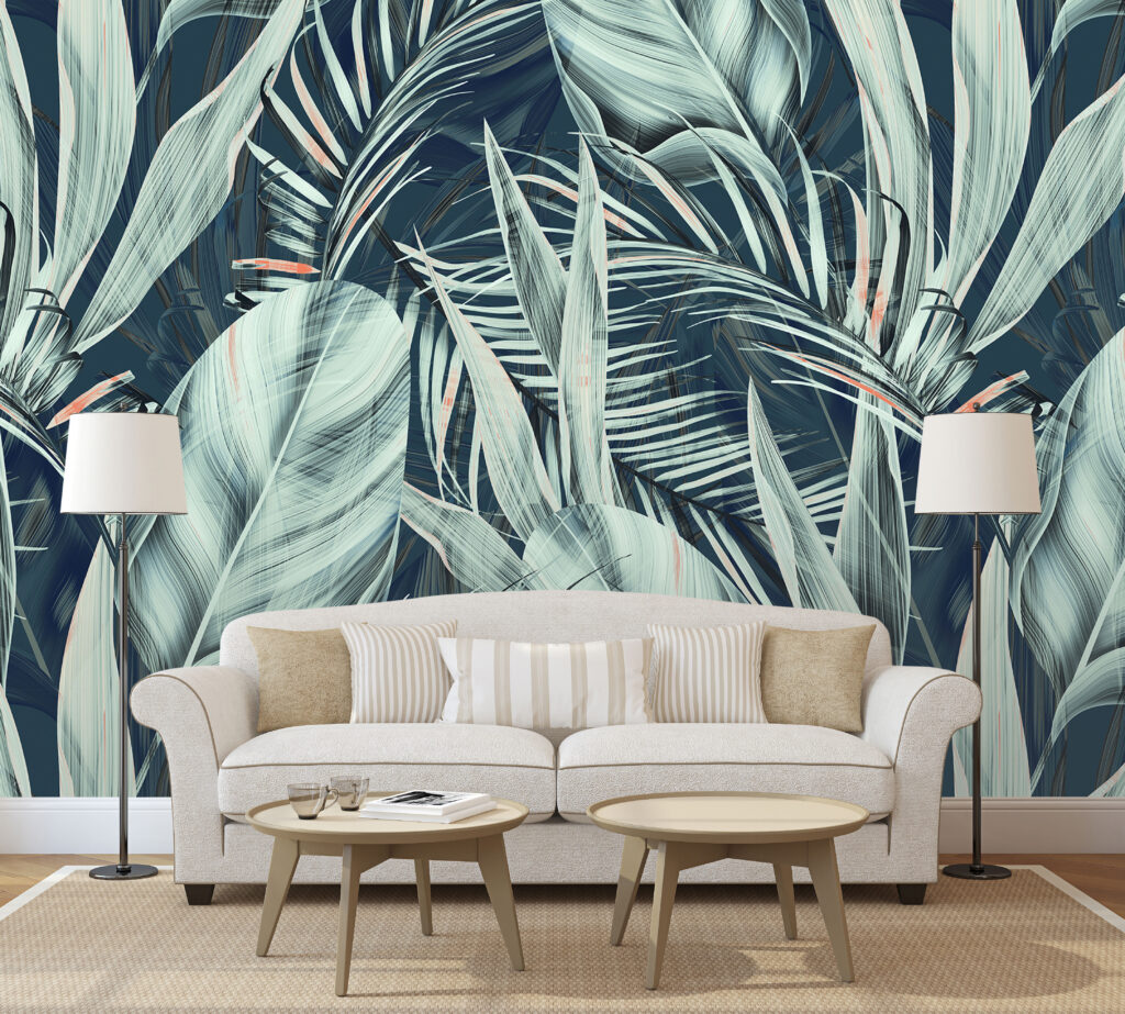 Teal Banana Leaf Wallpaper : Coral Accent Tropical Mural - View 3