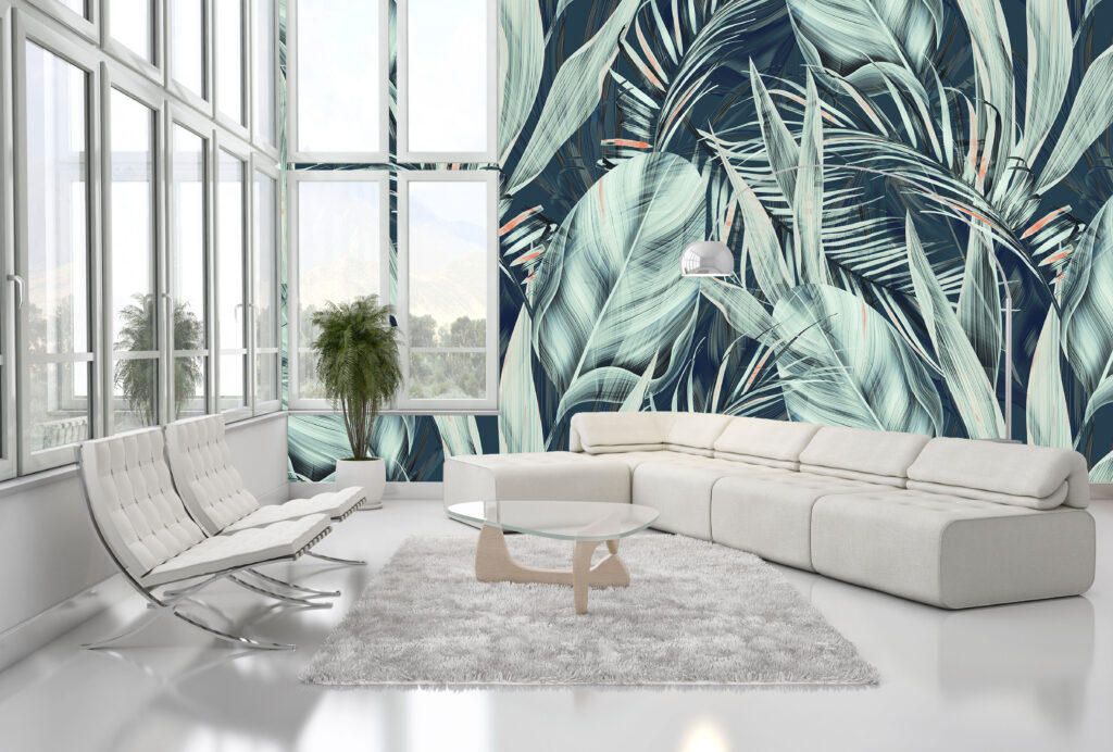 Teal Banana Leaf Wallpaper : Coral Accent Tropical Mural - View 6