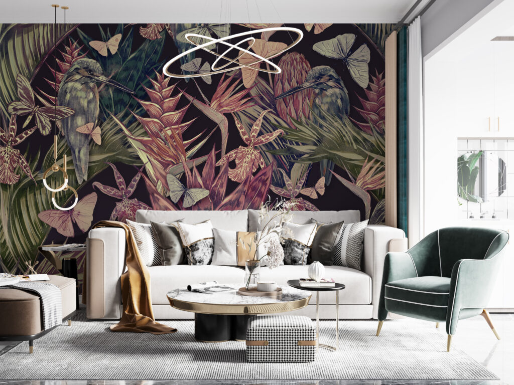 Burgundy Tropical Wallpaper : Orchids And Butterflies Mural