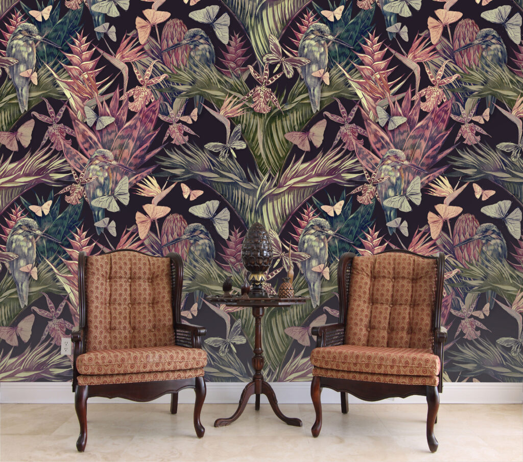 Burgundy Tropical Wallpaper : Orchids And Butterflies Mural - View 5