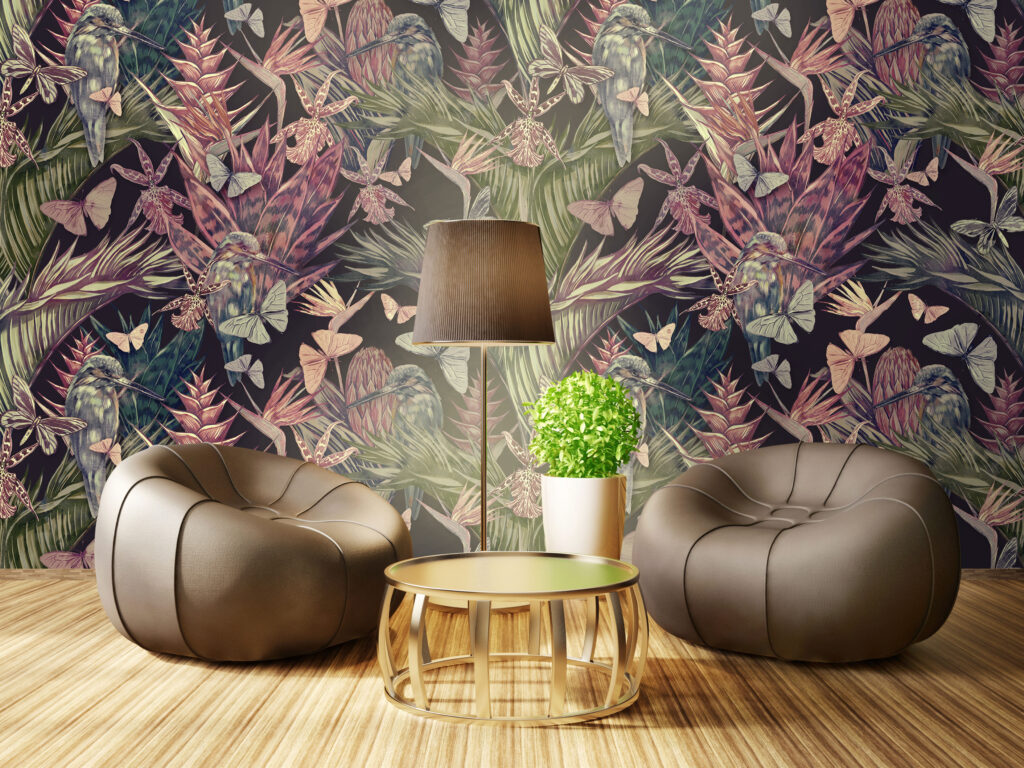 Burgundy Tropical Wallpaper : Orchids And Butterflies Mural - View 4