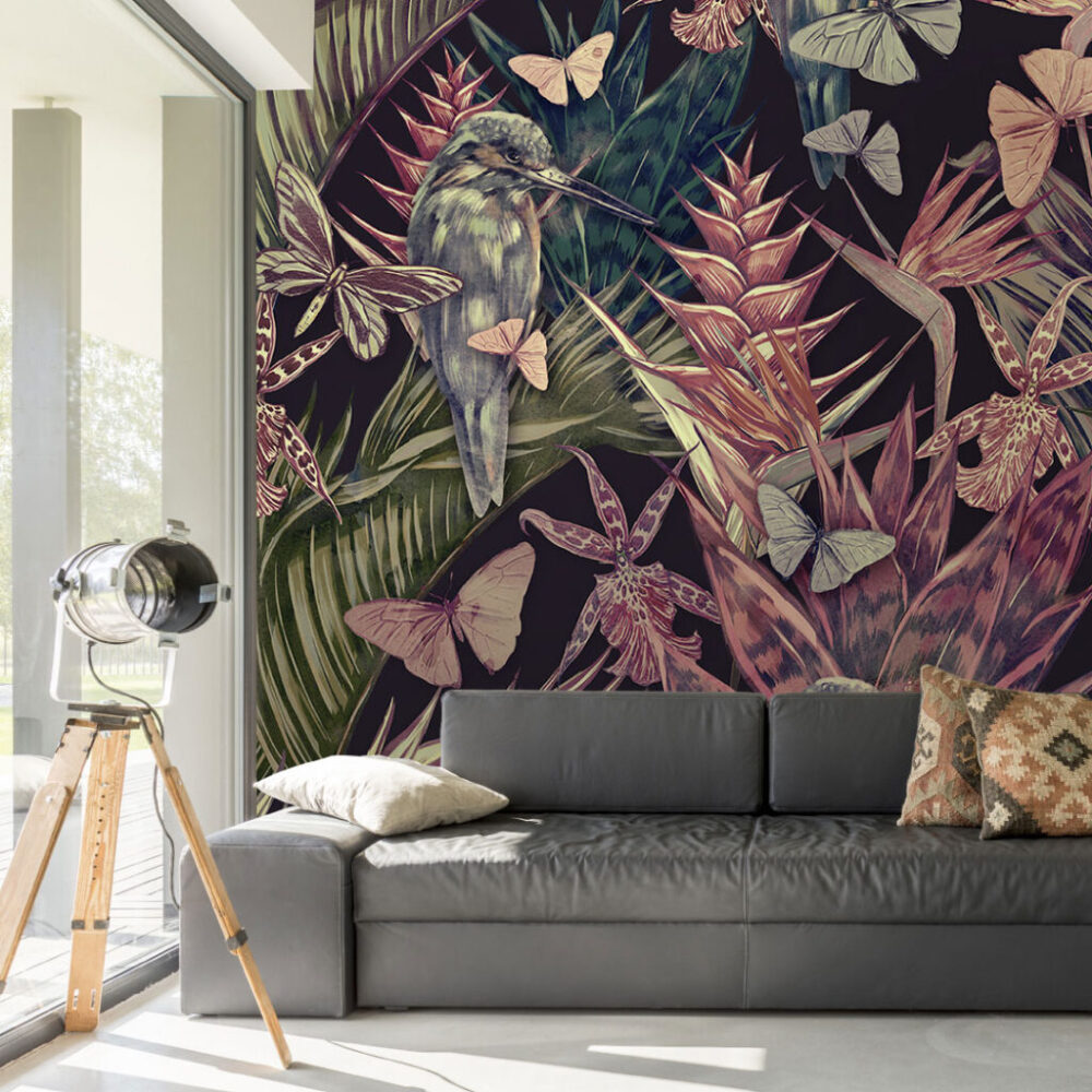 Burgundy Tropical Wallpaper : Orchids And Butterflies Mural - View 3
