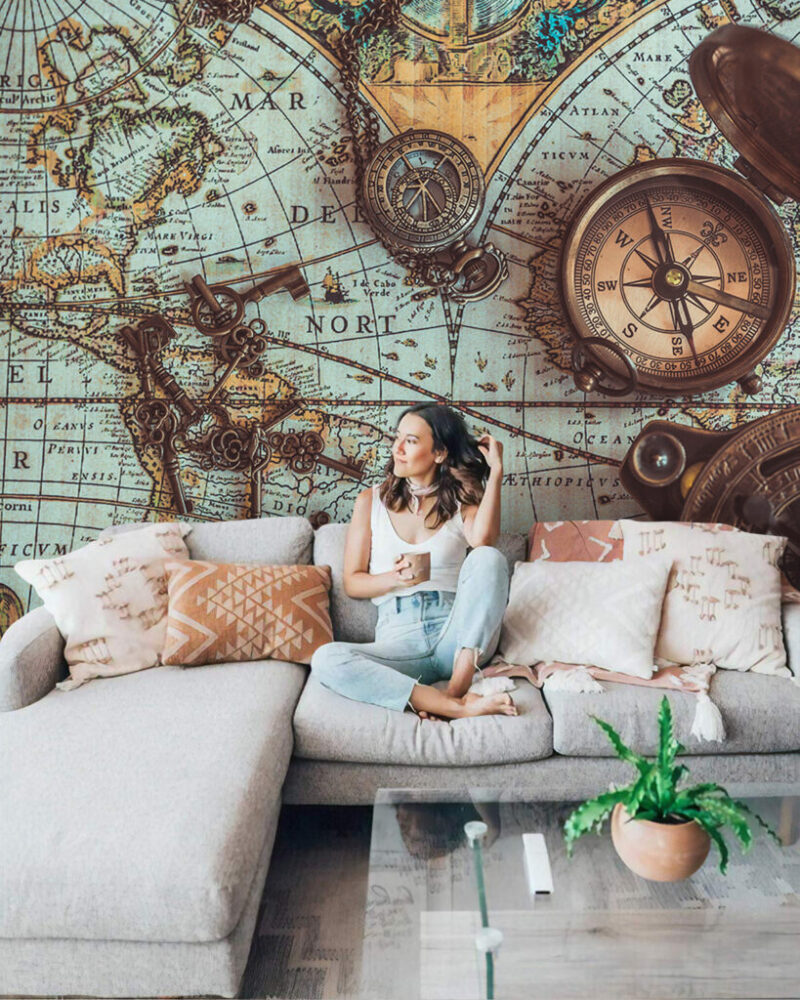 Vintage Compass Map Wallpaper : Antique Nautical Chart Mural - View 6