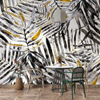 Black and Gold Palm Leaf Wallpaper : Brushstroke Tropical Pattern
