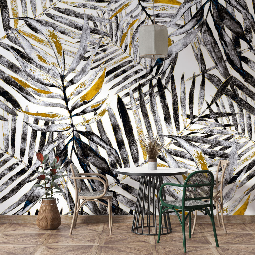 Black and Gold Palm Leaf Wallpaper : Brushstroke Tropical Pattern