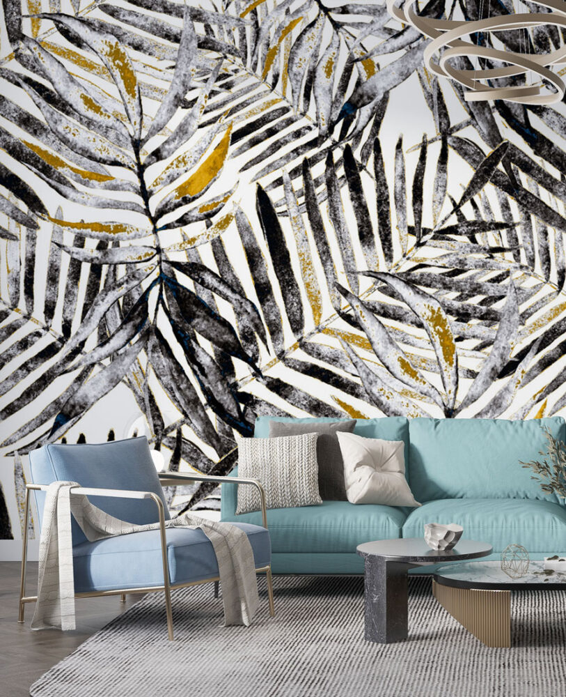 Black and Gold Palm Leaf Wallpaper : Brushstroke Tropical Pattern - View 2