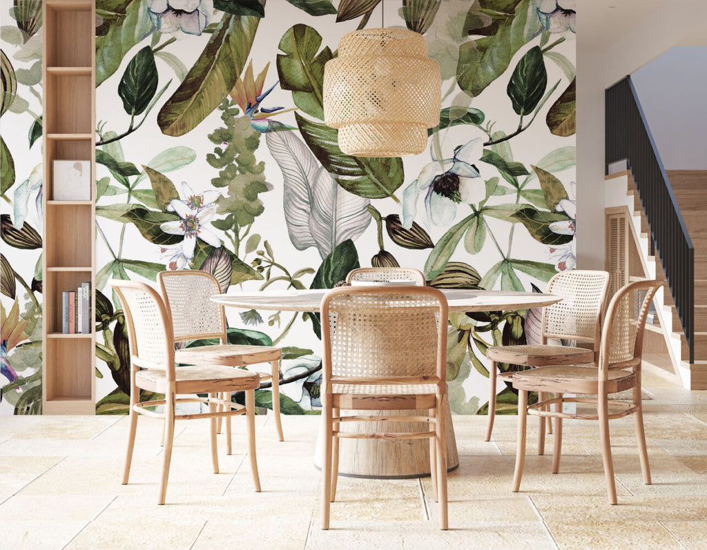 Watercolour Botanical Wallpaper : Green Leaves and White Blossoms Pattern
