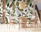 Watercolour Botanical Wallpaper : Green Leaves and White Blossoms Pattern