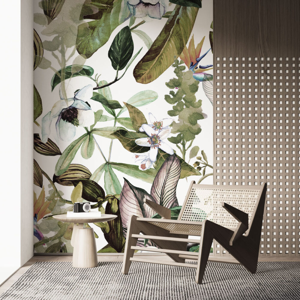 Watercolour Botanical Wallpaper : Green Leaves and White Blossoms Pattern - View 2