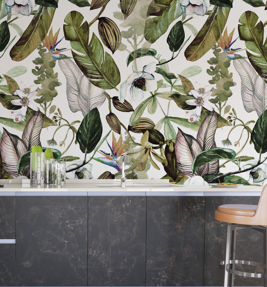 Watercolour Botanical Wallpaper : Green Leaves and White Blossoms Pattern - View 3