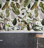 Watercolour Botanical Wallpaper : Green Leaves and White Blossoms Pattern - View 3