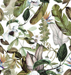Watercolour Botanical Wallpaper : Green Leaves and White Blossoms Pattern - flat design
